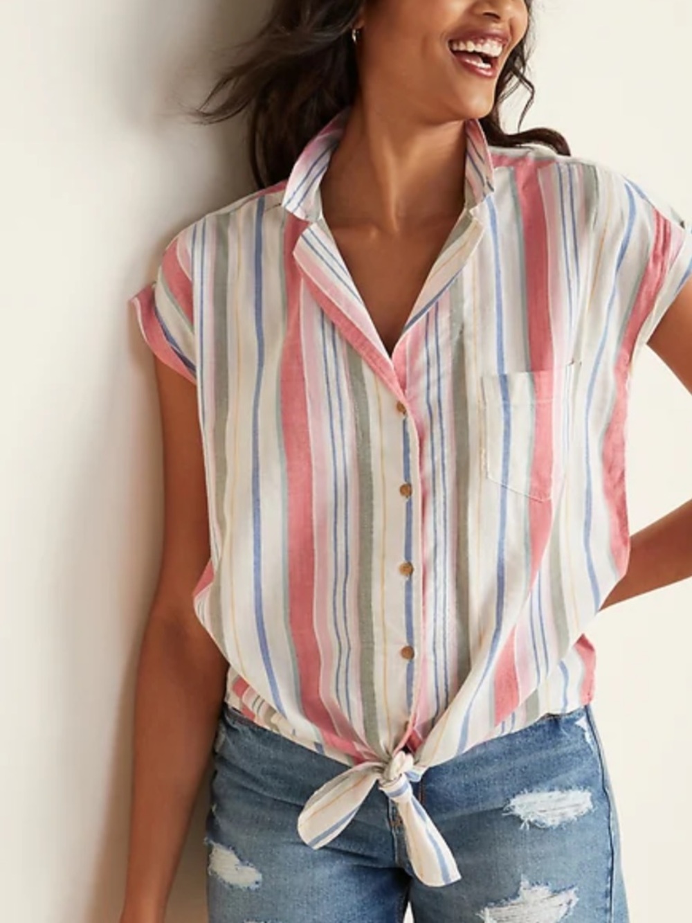Old Navy Tie Front Shirt Medium Multi Stripe Button Up Notch Collar Coastal